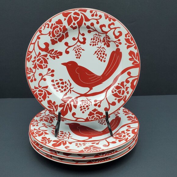 Pier 1 Red Bird Salad Plates White Dessert Plates with Red Flowers & Bird - Picture 1 of 5